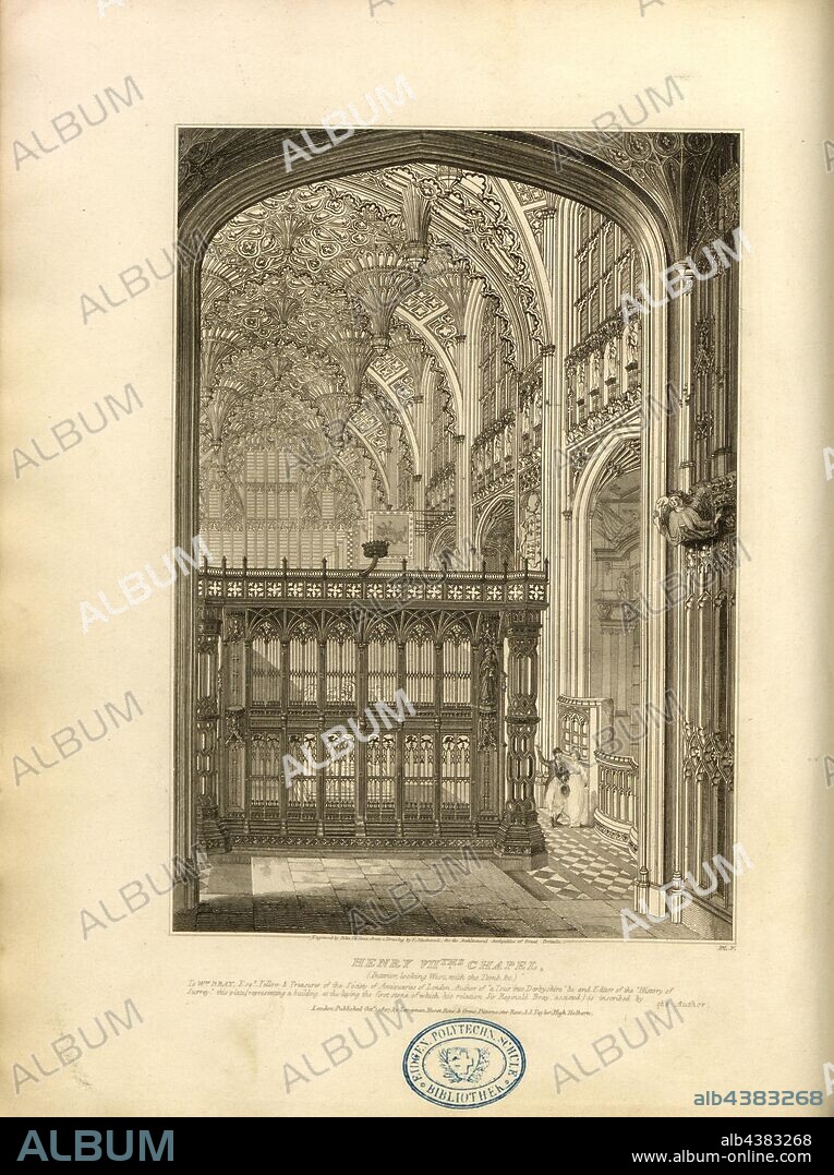 Henry VII Chapel Interior, looking West, with the Tomb, Henry VII Chapel at Westminster Abbey, signed: Engraved by John Le Keux, from a Drawing by F. Mackenzie, Fig. 13, Pl. V, according to p. 12, Mackenzie, F. (drawing); Keux, John Le (engraved), 1812, John Britton: The architectural antiquities of Great Britain: represented and illustrated in a series of views, elevations, plans, sections and details of various ancient English edifices: with historical and descriptive accounts of each. Bd. 2. London: J. Taylor, 1807-1826.