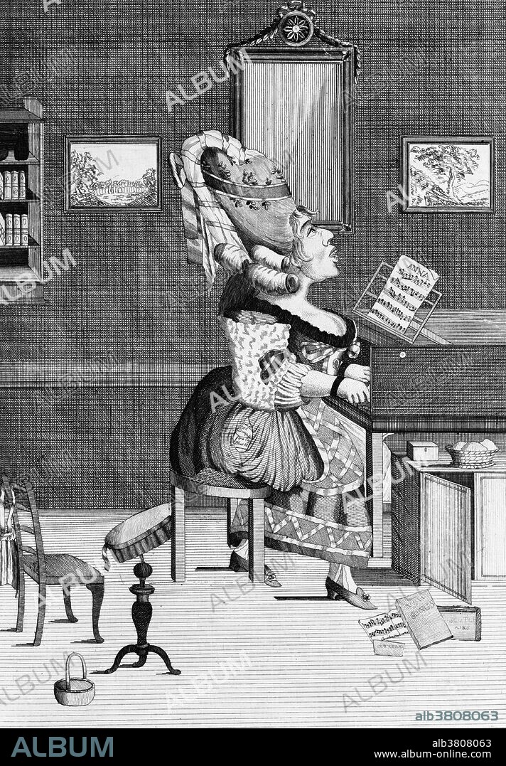 Entitled: The Accomplish'd maid. Cartoon showing woman with elaborate hairdo playing keyboard instrument and singing. The 18th century was an age of elegance. Never in European history do we see men and women so elaborately artificial, so far removed from natural appearance. What could not be done with the natural hair was made with wigs. This epoch was an extravagant explosion of amazing hairstyles, a reaction completely opposed to the modesty and shyness of former centuries. In the mid-to-late 18th century, large, elaborate and often themed wigs were in vogue for women. These combed-up hair extensions were often very heavy, weighted down with pomades, powders, and other ornamentation. Published by Matthew Darly, May 21, 1778.