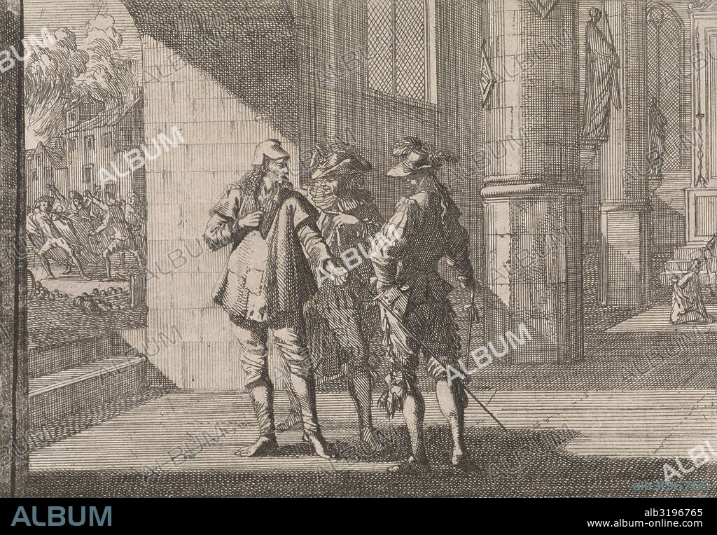 Masaniello talks with two noblemen in a church, 1647, print maker: Caspar Luyken attributed to, Johann David Zunnern, 1701.