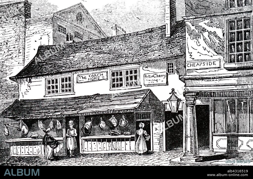 An engraving depicting the birthplace of Kirke White the poet. Son of a Nottingham butcher, Kirke was born in the left-hand window above the butcher's shop. Dated 19th century.