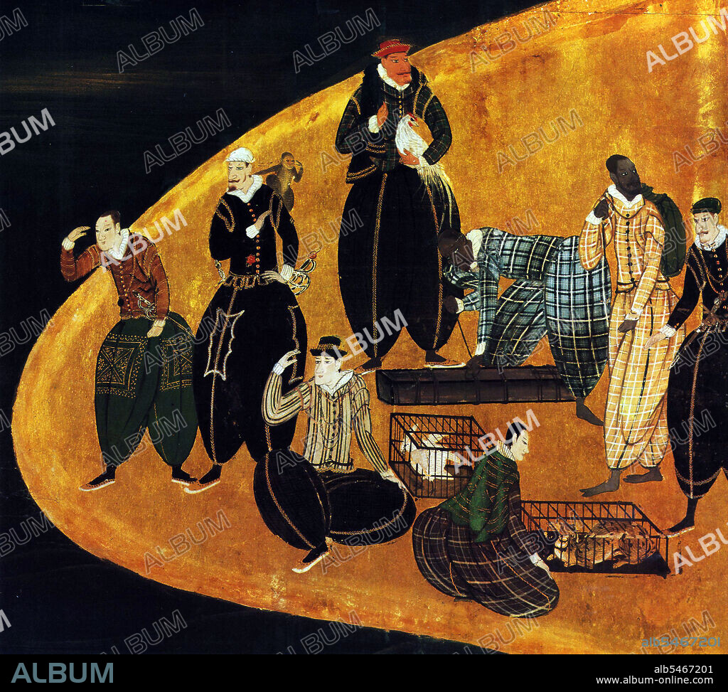 Kani Naizen (1570 - 1616) was a Japanese painter of the Kani school, particularly known for his screen paintings (byi bu) of Namban (Southern Barbarians, i.e. Europeans). The Nanban trade (Nanban bi eki, 'Southern barbarian trade') or the Nanban trade period (Nanban bi eki jidai, 'Southern barbarian trade period') in Japanese history extends from the arrival of the first Europeans - Portuguese explorers, missionaries and merchants - to Japan in 1543, to their near-total exclusion from the archipelago in 1614, under the promulgation of the 'Sakoku' Seclusion Edicts.