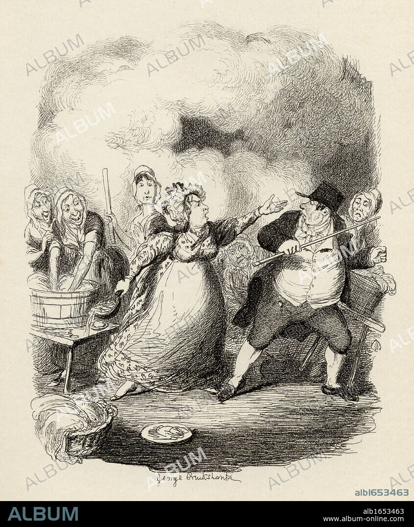 Mr.Bumble degraded in the eyes of the paupers. From the book "The Adventures of Oliver Twist" by Charles Dickens, with illustrations by G.Cruikshank. Published by Chapman and Hall, London 1901.