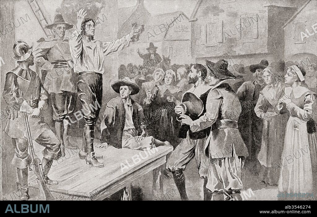 George Burroughs (c.1652 –1690) reciting the Lord's Prayer before his execution at Witches Hill, Salem, Massachusetts, on 19 August 1690, after being accused of witchcraft in the Salem witch trials. From The History of Our Country, published 1899.