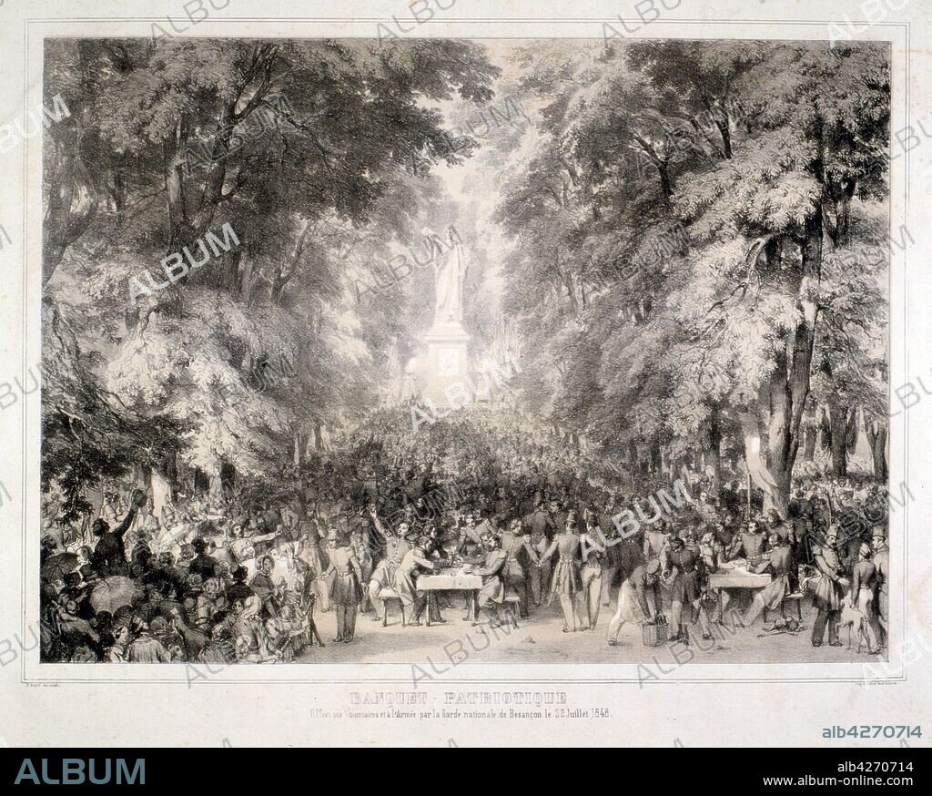 Patriotic banquet for National Guard officers during the 1848 Revolution in Paris, France, Engraving.