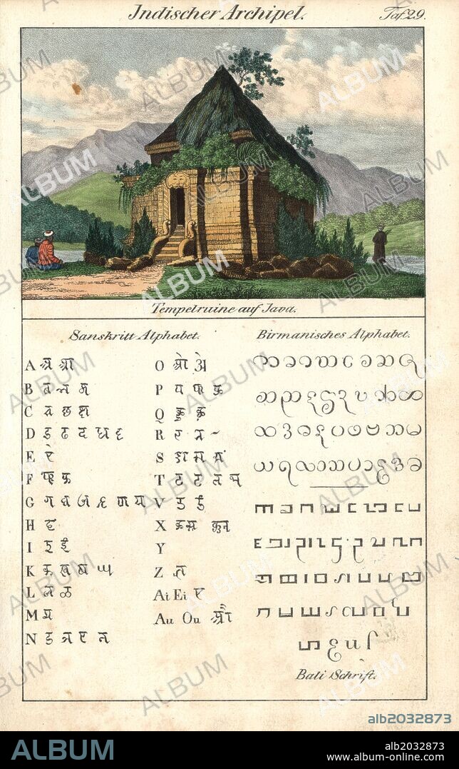 Temple ruins on Java, Indonesia. Examples of Asian languages including Sanskrit and Burmese alphabets, and Balinese writing. Handcoloured lithograph from Friedrich Wilhelm Goedsche's "Vollstaendige Völkergallerie in getreuen Abbildungen" (Complete Gallery of Peoples in True Pictures), Meissen, circa 1835-1840. Goedsche (1785-1863) was a German writer, bookseller and publisher in Meissen. Many of the illustrations were adapted from Bertuch's "Bilderbuch fur Kinder" and others.