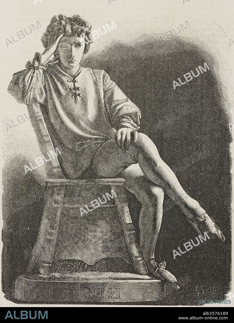 The statue of Cola di Rienzo (1313-1354), made by the Italian sculptor Ambrogio Borghi (1848-1887), illustration from the magazine L'Illustrazione Universale, year 2, no 4, November 15, 1874.