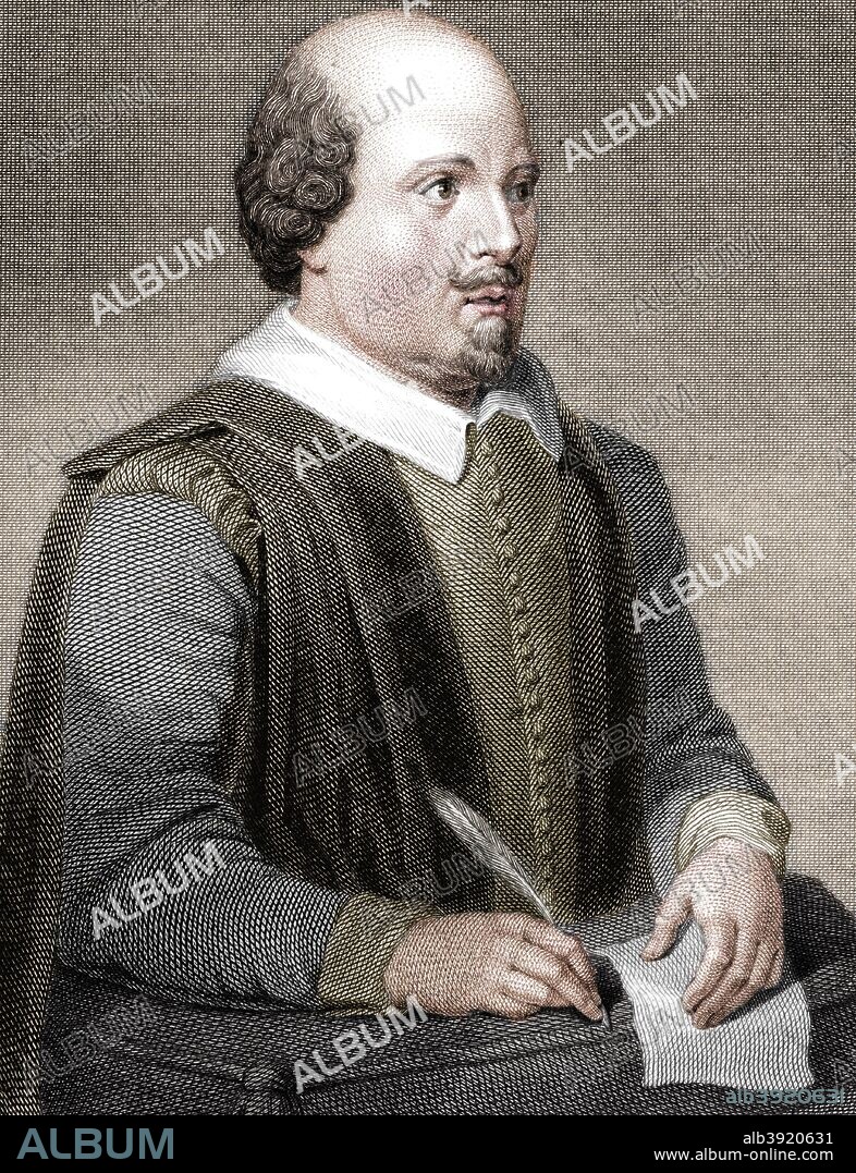 William Shakespeare, English poet and playwright, (1820). Portrait of Shakespeare (1564-1616), widely regarded as the greatest writer of the English language. (Colorised black and white print).