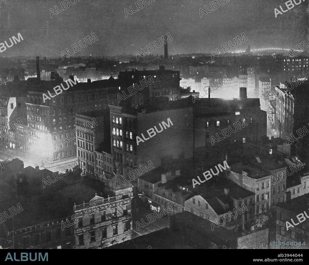 'A view of New York at night', 1915. From The Manchester Guardian History of the War, Vol. II. - 1914-15. [John Heywood Ltd, London, 1915].