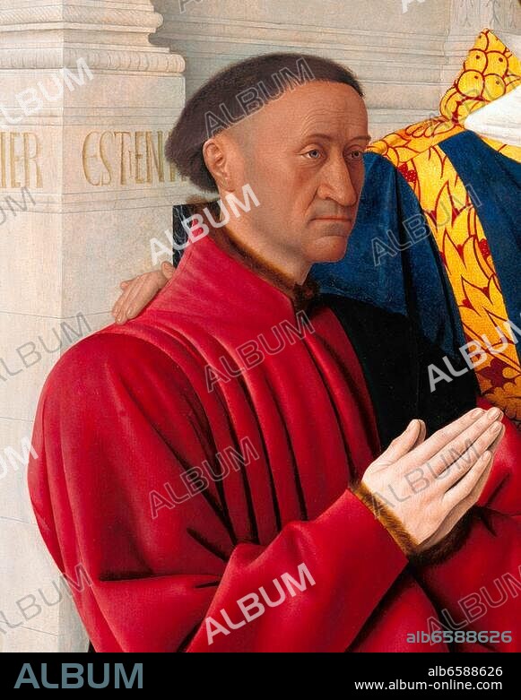 Chevalier, Étienne; franz. Schatzmeister (ab 1452) unter Karl VII.; um 1410-1471. "Estienne Chevalier mit dem Hl. Stephanus". Ausschnitt: Stifterbildnis Étienne Chevaliers. Gemälde, um 1454, von Jean Fouquet (um 1415/20 - 1477/81). Linke Hälfte eines Diptychons (rechte Hälfte: Maria mit dem Kind und Engeln (Antwerpen, Koninklijk Museum voor Schone Kunsten) ). Öl auf Eichenholz, 93 × 85 cm. Inv. 1617. Berlin, SMB, Gemäldegalerie.