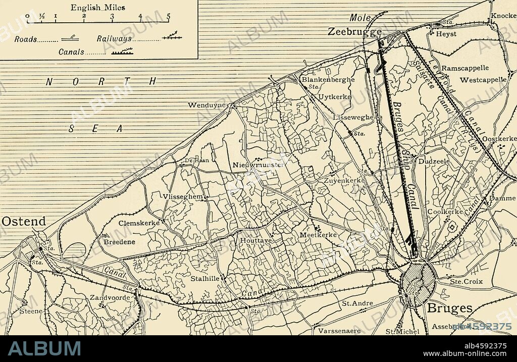 'Map showing the Canal System connecting Zeebrugge and Ostend with Bruges', First World War, (c1920). The Belgian ports of Ostend and Zeebrugge were connected to the city of Bruges via canals. From "The Great World War: A History", Volume IX, edited by Frank A Mumby. [The Gresham Publishing Company Ltd, London, c1920].