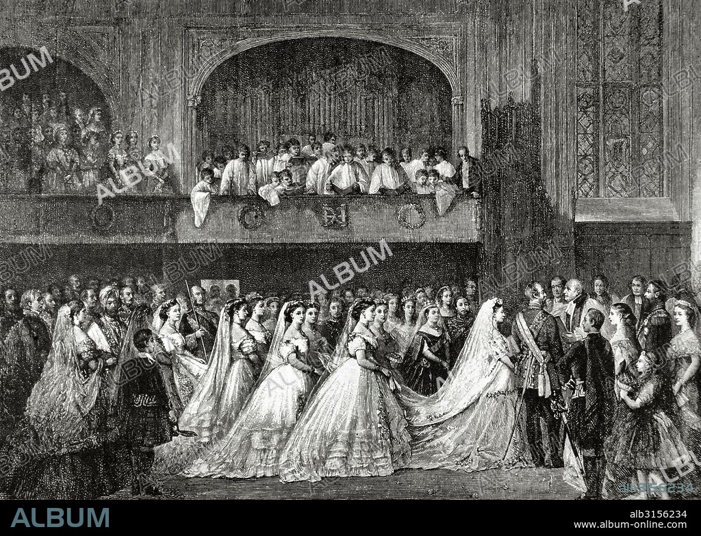 VICTORIA I (1819-1901). Reina del Reino Unido de 1837-1901. "La Reina asistiendo al casamiento de la princesa Elena (1846-1923), hija de S. M. la reina Victoria, con Cristián de Schleswig-Holstein (1831-1917) ". Pintado por Magnussen, julio 1866. Grabado publicaco en el Almanaque de La Ilustración, año 1888.