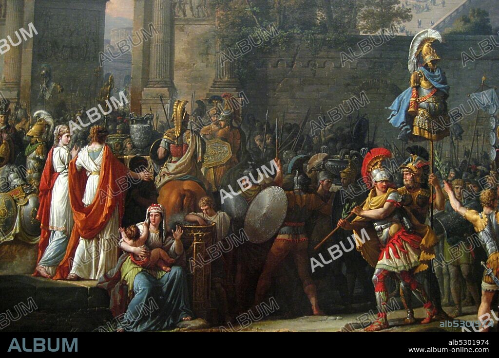 The Triumph of Aemilius Paulus, 1789; procession celebrating the victory of the Roman general Aemilius Paulus over King Perseus of Macedonia in 168 B.C. Aemilius is shown on the gold chariot on the right followed by prisoners, among whom is Perseus with his family. The temple of Jupiter Capitolinus with its hundred steps dominates the background.  Antoine Charles Horace Vernet aka. Carle Vernet (14 August 1758 – 17 November 1836) was a French painter, the youngest child of Claude Joseph Vernet, and the father of Horace Vernet..