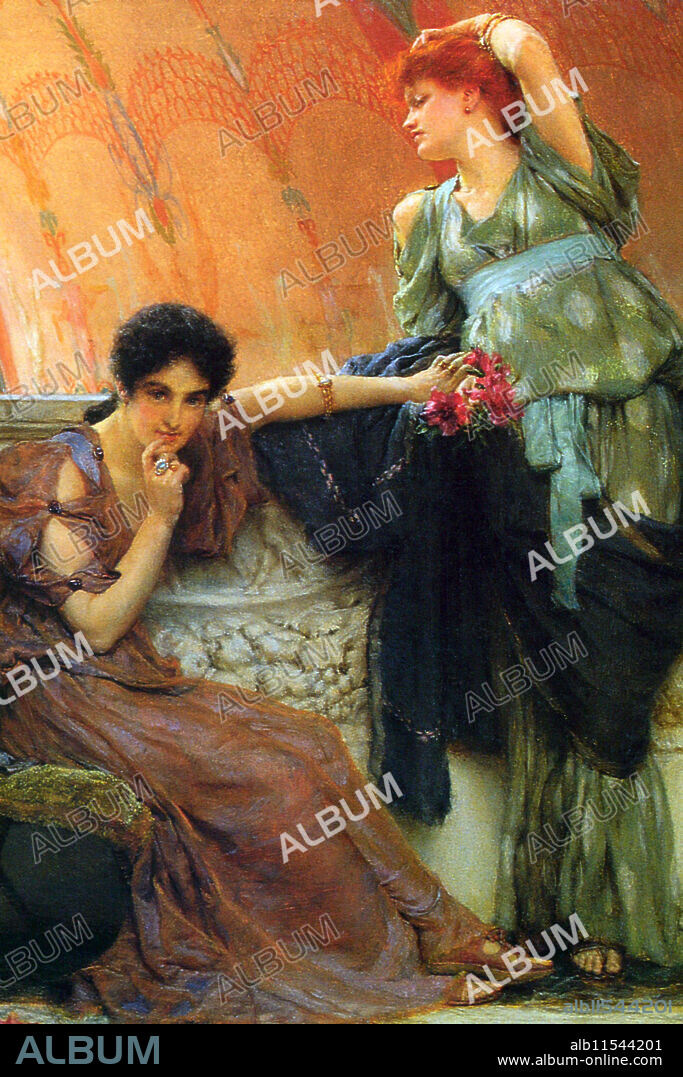 Two competing women seated by a marble balustrade each very pensive.  Sir Lawrence Alma-Tadema, OM, RA (born Lourens Alma Tadema; 8 January 1836 – 25 June 1912) was a Dutch painter of special British denizenship. Born in Dronrijp, the Netherlands, and trained at the Royal Academy of Antwerp, Belgium, he settled in England in 1870 and spent the rest of his life there. A classical-subject painter, he became famous for his depictions of the luxury and decadence of the Roman Empire, with languorous figures set in fabulous marbled interiors or against a backdrop of dazzling blue Mediterranean Sea and sky.