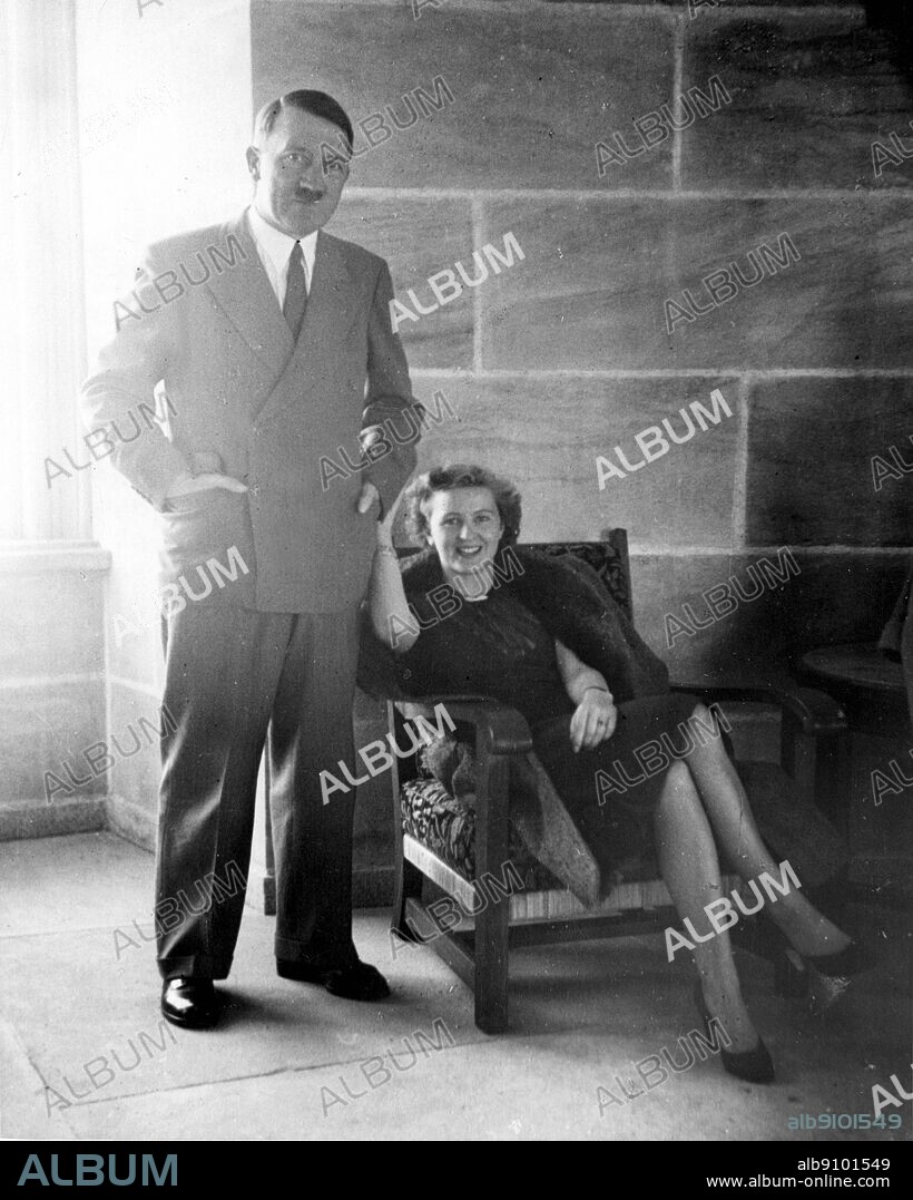 Adolf Hitler and Eva Braun. Photo found by Intelligence Officers investigating Braun's personal belongings when several photo albums were discovered. Hitler (1889-1945), Nazi party leader and German dictator.