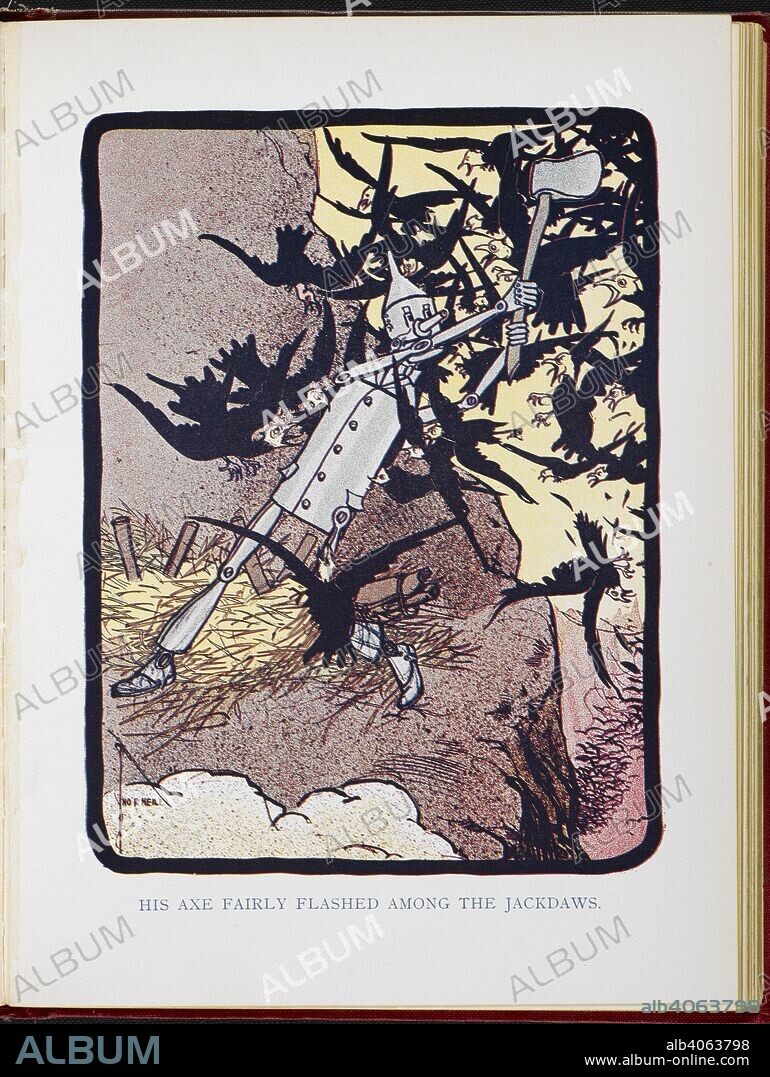 LYMAN FRANK BAUM and JOHN R. NEILL. His axe fairly flashed among the jackdaws. Tin Woodman fighting. The Marvelous Land of Oz. Being an account of the further adventures of the Scarecrow and Tin Woodman ... A sequel to the Wizard of Oz ... Pictured by John R. Neill, etc. London : F. H. Revell Co., 1904. Source: 12812.aa.46 opposite page 22.
