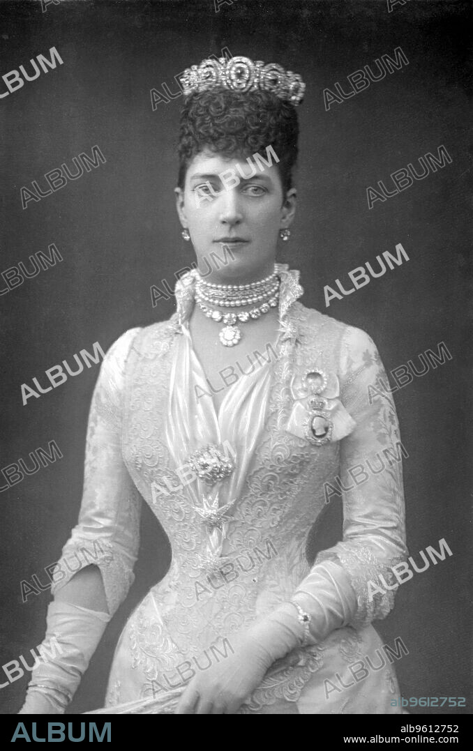Alexandra (1844-1925), Queen Consort of King Edward VII of Great Britain, when Princess of Wales, c1890. The daughter of King Christian IX of Denmark, Alexandra married Edward, Prince of Wales on 10 March 1862. Princess Alix, as she was known within the Royal Family, always wore dresses with a high neckline together with choker necklaces to hide a scar on her neck caused by a childhood accident. This started a fashion craze in British society.