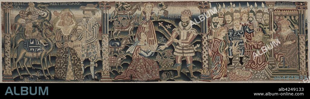 Section of an Embroidered Frieze: Rebecca Meeting Isaac, Abigail Meeting David with a Present, The Judgment of Solomon, 1625-1649. England, Period of Charles I (1625-1649), 17th century. Petit-point embroidery; wool and silk; overall: 43.2 x 164.8 cm (17 x 64 7/8 in.).