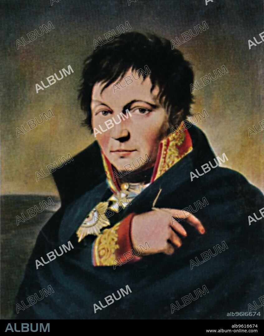 'General von Scharnhorst 1755-1813', 1934. Gerhard Johann David Waitz von Scharnhorst (1755-1813), was a Hanoverian-born general in Prussian service from 1801. As the first Chief of the Prussian General Staff, he was noted for his military theories, his reforms of the Prussian army, and his leadership during the Napoleonic Wars. From "Die Großen der Weltgeschichte". [Eckstein-Halpaus, Dresden, 1934].