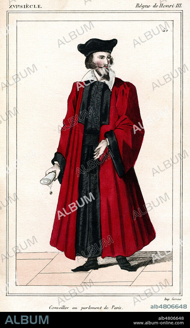 Conseiller au Parlement de Paris au 16eme siecle. Illustration de 1852 par L. MASSARD pour Costumes historiques de la France par Paul LACROIX (1806-1884). Credit : Collection KHARBINE-TAPABOR.