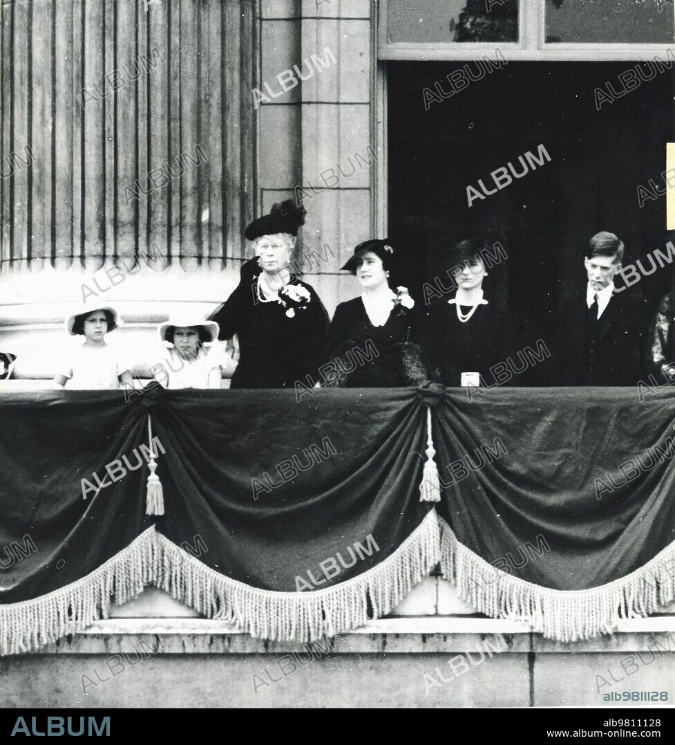 June 1936. The military parade held in London on the occasion of the 12th birthday of HM King Edward VIII, was witnessed from the balcony of Buckingham Palace by the Queen Mother, who has Princess Margaret Rose and Elizabeth on her right, and Princess Elizabeth on her left the Duchesses of York and Gloucester, and Viscount Lascelles.
