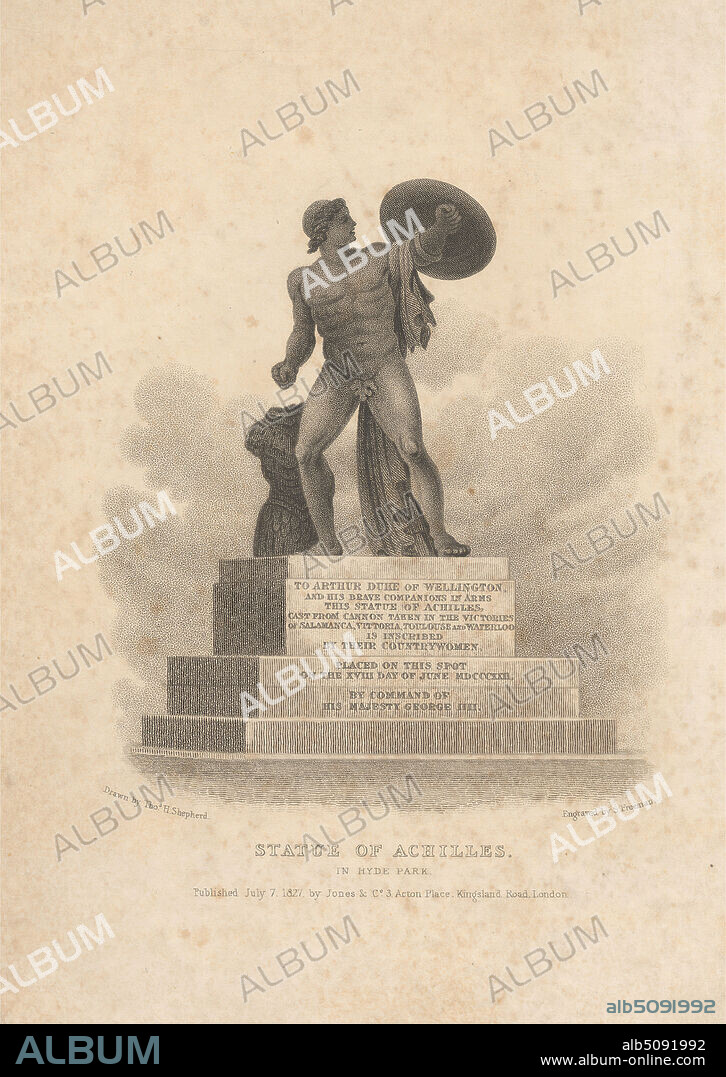 Statue of Achilles in Hyde Park, Print made by Samuel Freeman, 17731857, British, after Thomas Hosmer Shepherd, 17921864, British, Published by Jones & Co., active 18221850, British, 1827, Stipple engraving and etching on moderately thick, smooth, beige wove paper, Sheet: 7 7/8 x 5 5/16 inches (20 x 13.5 cm) and Image: 4 7/16 x 3 15/16 inches (11.2 x 10 cm), architectural subject, armour, blocks, commemoration, gesturing, illustration, inscription, monument, mythology, park (grounds), religious and mythological subject, sculpture, shield, statue, war memorial, City of Westminster, England, Europe, Greater London, Hyde Park, United Kingdom.