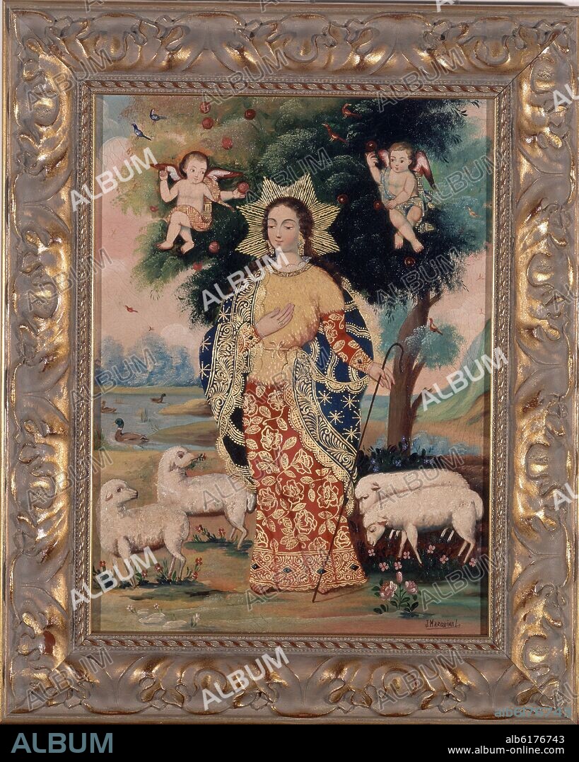 JULIA RAFAELA MARQUINA LÓPEZ. VIRGEN CON ANGELES Y CORDEROS - SIGLO XX - 42x52.