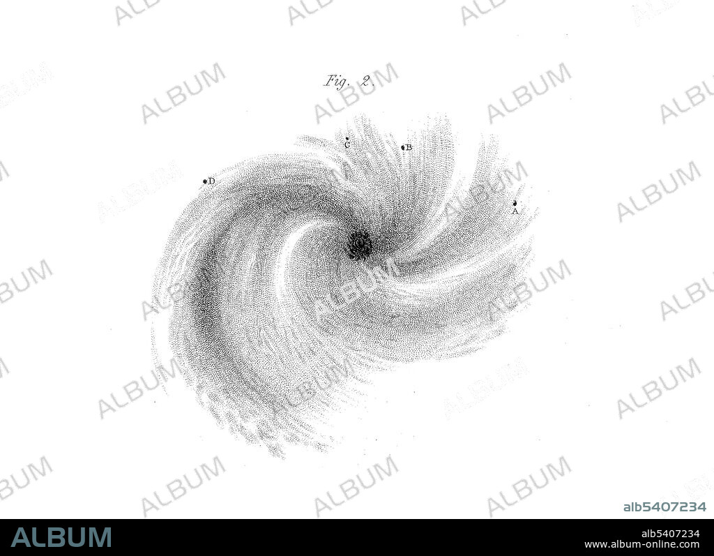 Spiral galaxy, Messier 99, from Observations on the Nebulae, by William Parsons, 1850. William Parsons, 3rd Earl of Rosse (June 17, 1800 - October 31, 1867) was an Anglo-Irish astronomer. He inherited an earldom and a large estate in King's County, Ireland. There he performed astronomical studies and discovered the spiral nature of some nebulas, today known to be spiral galaxies. His 72-inch telescope, Leviathan, built 1845, was the world's largest telescope until the early 20th century. (cropped and cleaned).