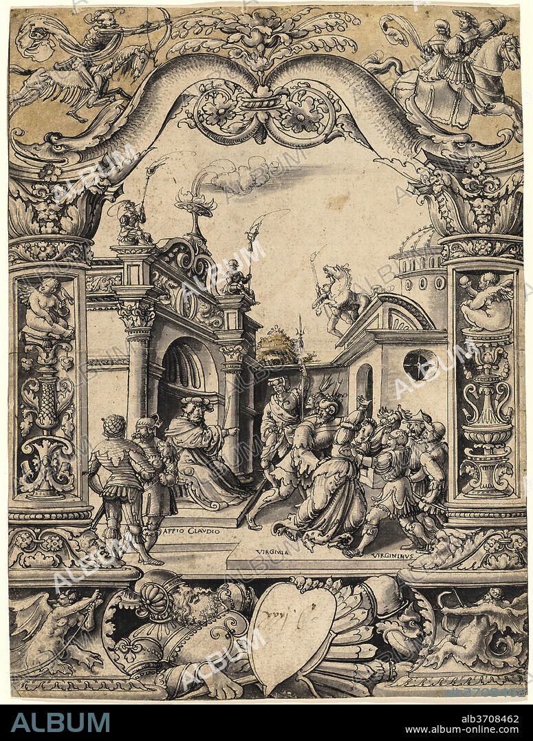 CHRISTOPH BOCKSTORFER. The Death of Virginia. Dated: c. 1525. Dimensions: overall: 43.2 x 33 cm (17 x 13 in.). Medium: pen and black ink with gray, yellow, and green washes on laid paper.