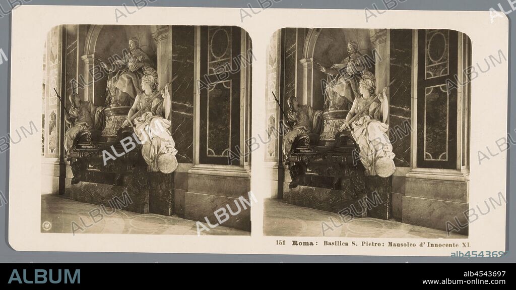 Grave of Pope Innocent XI in St. Peter's Basilica in Vatican City Roma: Basilica S. Pietro: Mausoleo d'Innocente XI (title on object), grave, tomb, interior of church, Neue Photographische Gesellschaft (mentioned on object), Sint-Pietersbasiliek, c. 1900 - c. 1910, cardboard, photographic paper, gelatin silver print, h 88 mm × w 179 mm.