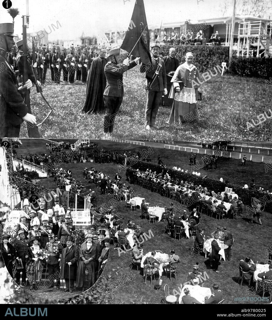 April 21, 1920. Madrid. In yesterday's military solemnity. Flag oath by the Recruits of the Savoy regiment .1.The Bishop of Sion Taking the oath To the Soldiers.2. "the Lunch".3. The Italian ambassador and his wife with the Captain General's cousin Rivera and Other Distinguished Guests at the event.