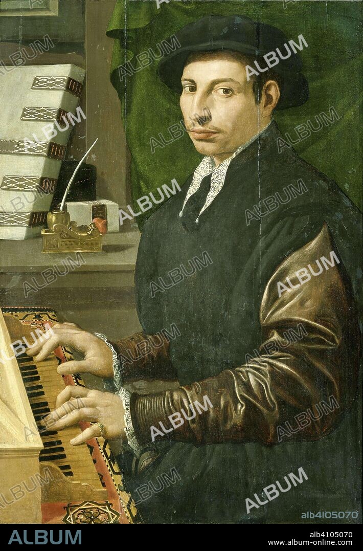 FRANCESCO TRABALLESI y ZACCHIA DI ANTONIO DA VEZZANO (REJECTED ATTRIBUTION). Portrait of a man playing a virginal. Dating: 1554 - 1570. Measurements: h 88 cm × w 62 cm; d 6 cm.