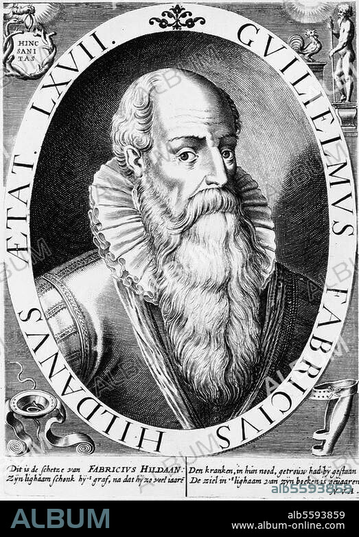 Fabricius Hildanus (lat. für Wilhelm Fabry von der Schmitten), Chirurg, Hilden bei Düsseldorf 25.6.1560 - Bern. 14.2.1634. Portrait. Unbez. Kupferstich, zeitgenössisch.