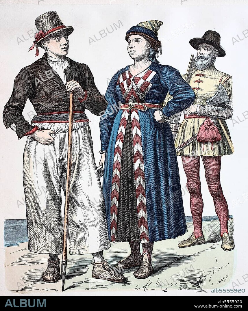 Folk traditional costume, clothing, history of costumes, man and woman from the island of Sylt, man from Haderstedt, traditional costumes from Friesland, Germany, 16th century, digitally restored reproduction of a 19th century original, exact date unknown, Europe.