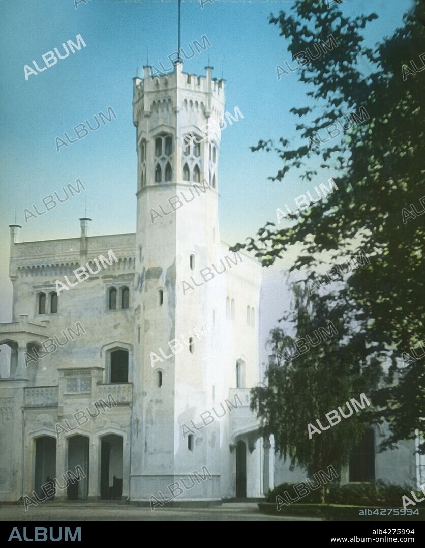 Oscarshall, Christiania, (Oslo), Norway, late 19th-early 20th century. Oscarshall Palace was built 1847-1852 for King Oscar I and Queen Josephine of Norway and Sweden. Glass lantern slide.