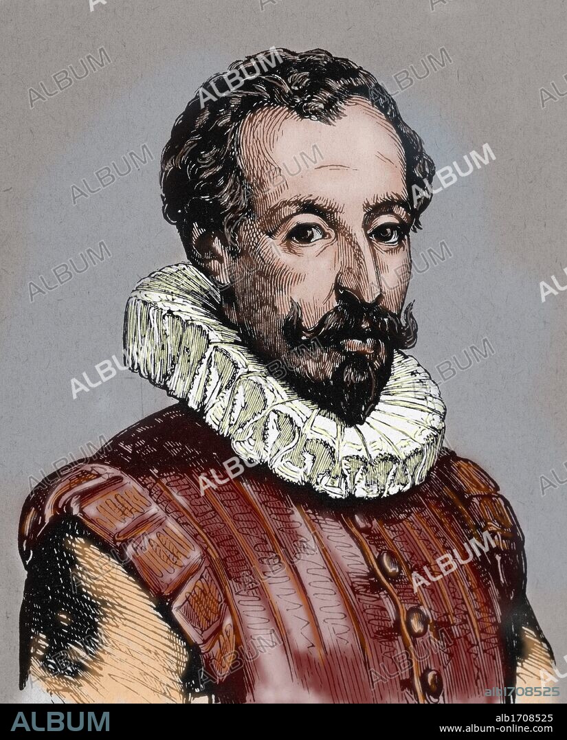 CERVANTES, Miguel de (Alcalá de Henares,1547-Madrid,1616). Escritor español. Autor de "El ingenioso hidalgo Don Quijote de la Mancha" (1605) su principal obra que parodia la novela de Caballería. Grabado coloreado.