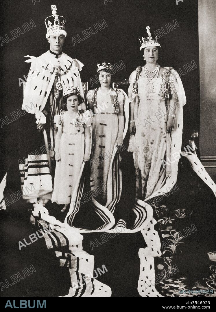 King George VI and his wife Queen Elizabeth seen here the day of their coronation, 12 May, 1937, with their daughters Princess Margaret and Princess Elizabeth, future Queen Elizabeth II. George VI, 1895 – 1952, King of the United Kingdom. Elizabeth Angela Marguerite Bowes-Lyon, 1900 – 2002. Queen consort of the United Kingdom as the wife of King George VI. Princess Margaret, later Countess of Snowdon, 1930 – 2002. Princess Elizabeth, later Queen Elizabeth II, born 1926. From The Coronation of King George VI and Queen Elizabeth, published 1937.