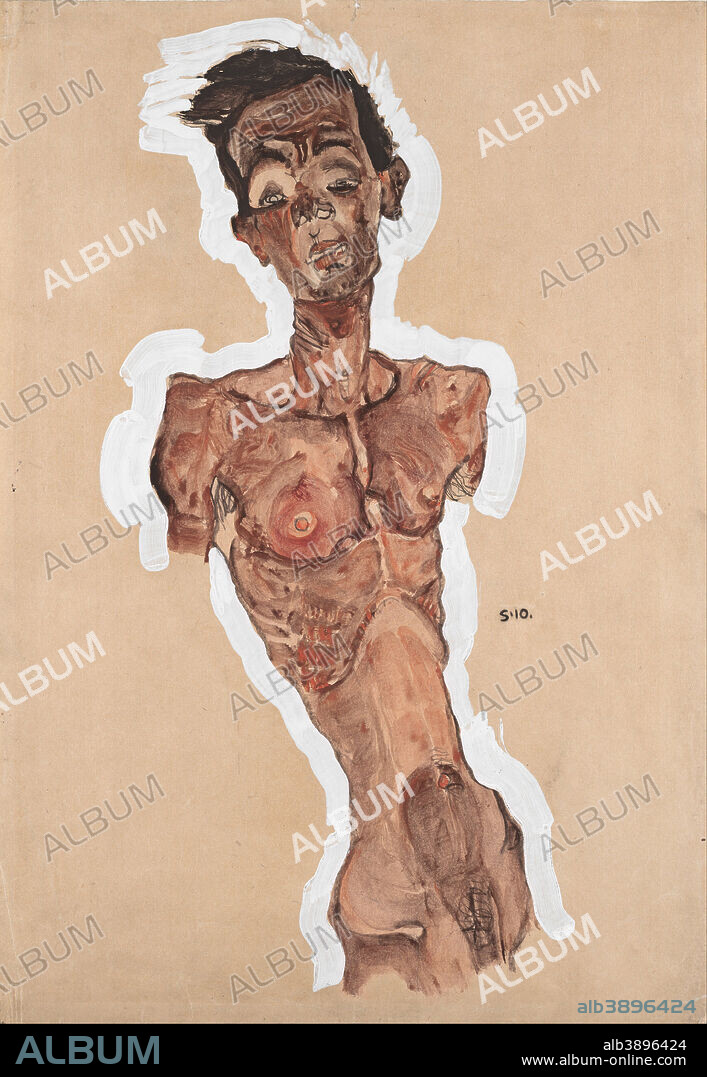 EGON SCHIELE. Selbstakt Nude / Self-Portrait. Date/Period: 1910. Drawing. Height: 449 mm (17.67 in); Width: 313 mm (12.32 in).
