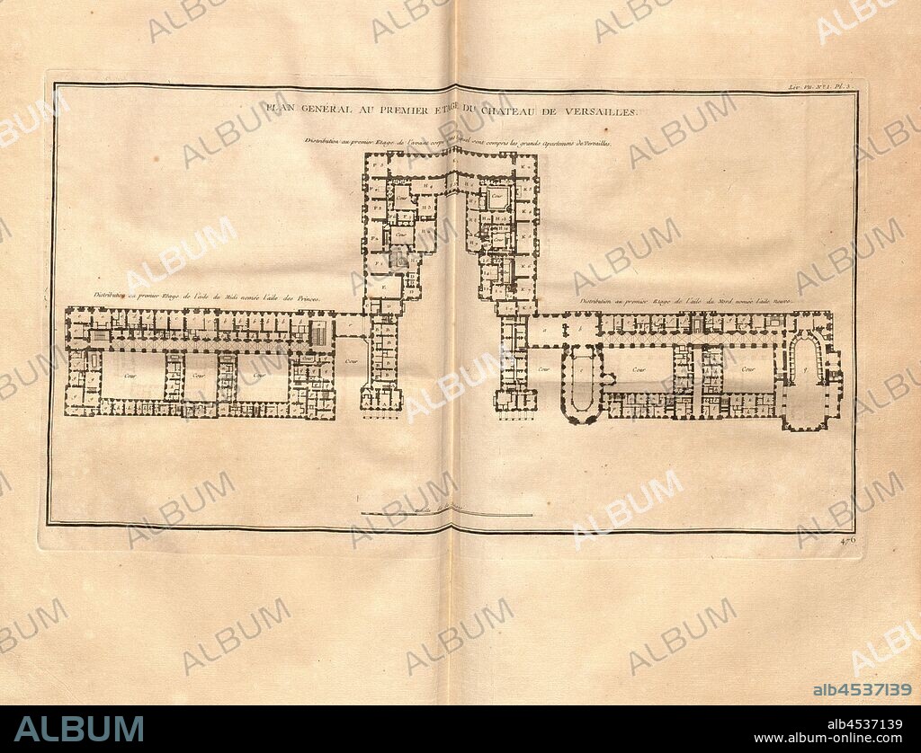 General plan on the first floor of the castle of Versailles, Plan of the first floor of the Palace of Versailles from the 18th century, Pl. 3, p. 222, Jacques-François Blondel: Architecture Françoise, ou Recueil des Plans, Elevations, Coupes et Profils des Eglises, Maisons Royales, Palais, Hôtel & Edifices les plus considérables de Paris, [...]. A Paris: chez Charles-Antoine Jombert, 1756.