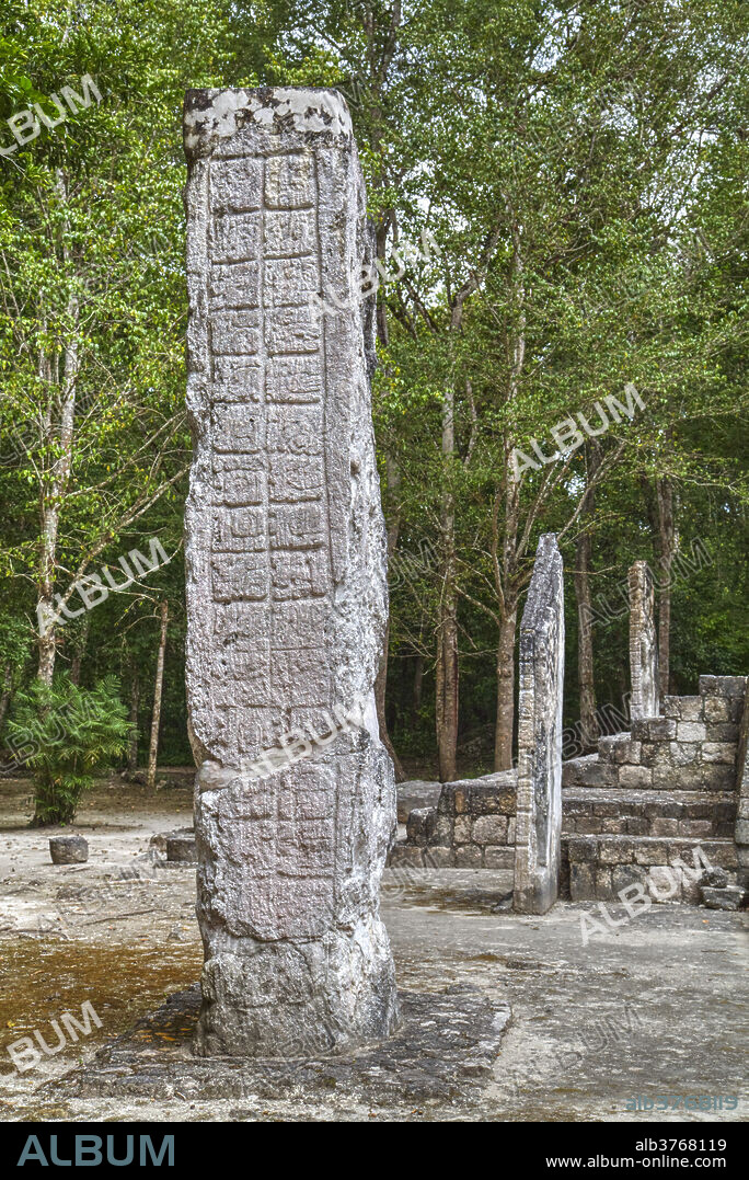 Stelae in front of Structure 1, Calakmul Mayan Archaeological Site, UNESCO World Heritage Site, Campeche, Mexico, North America.