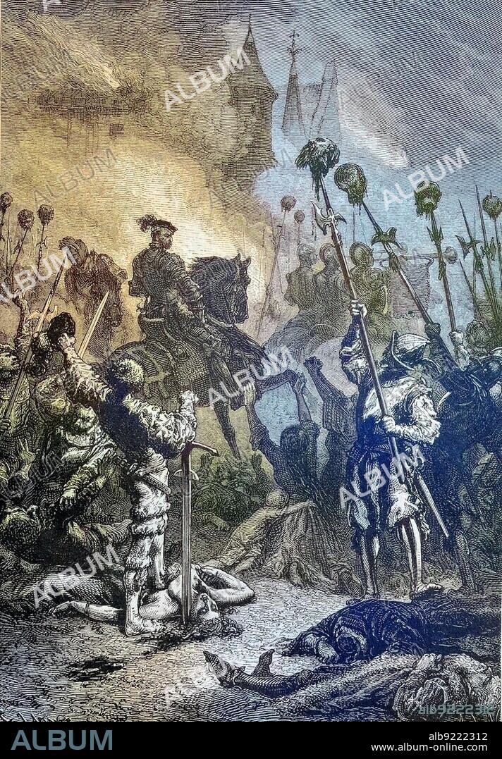 Florian Geyer after his victory over the garrison of Weinsberg, Florian Geyer of Giebelstadt, 1490, 1525, was a German nobleman, diplomat and knight. He became widely known as the leader of the peasants in the German Peasants War, Historical, digitally restored reproduction from a 19th century original.