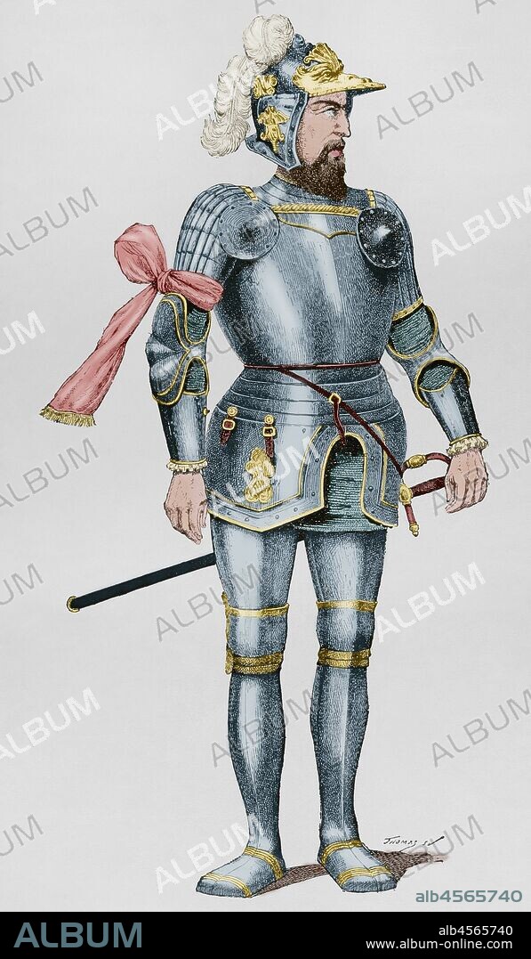 Fernando Francisco de Avalos Aquino y Cardona, V marqués de Pescara (1489-1525). Militar napolitano de orígenes españoles. General de las tropas hispano-imperiales de Carlos V durante las Guerras Italianas. Grabado. "Museo Militar del Ejército Español", Tomo I. Evaristo Ullastres Editor. Barcelona, 1883. Coloreado.