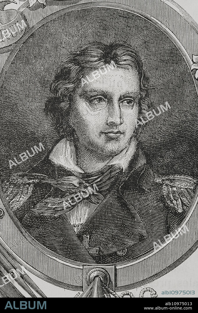 Maurice d'Elbée (Maurice Joseph Louis Gigost d'Elbée) (1752-1794). General of the Vendéen army (Catholic and Royal Army of Vendée) during the French Revolution. Portrait. Engraving. "History of the French Revolution". Volume I, 1876.