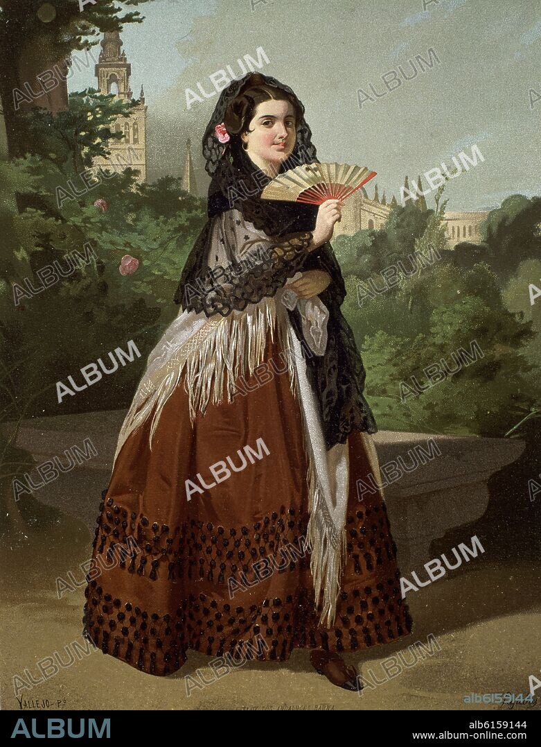 VALLEJO P. MUJER SEVILLANA CON ABANICO - SIGLO XIX - GRABADO DE MAGIN PUJADAS.
