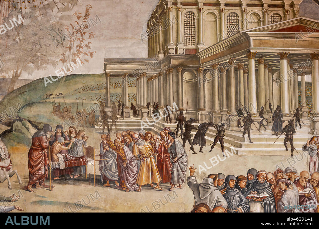 Orvieto, Basilica Cathedral of Santa Maria Assunta (or Duomo), the interior, Chapel Nova or St. Brizio Chapel, lunette of the west wall: "Preaching and the facts of the Antichrist", fresco by Luca Signorelli, (1500 - 1502). Detail.