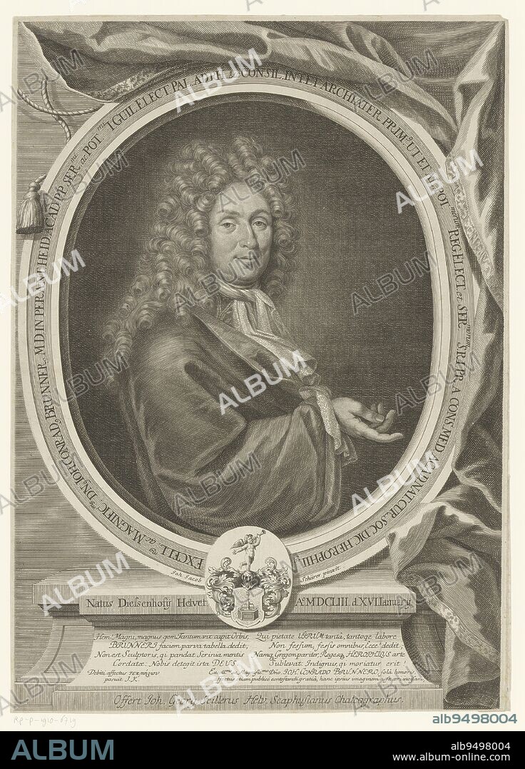 Portrait of Jacob Conrad Brunner, Johann Georg Seiller, after Johann Jakob Schärer, 1673 - 1740, print maker: Johann Georg Seiller, after: Johann Jakob Schärer, (mentioned on object), Conrad Brunnero, (mentioned on object), 1673 - 1740, paper, engraving, h 444 mm - w 317 mm.