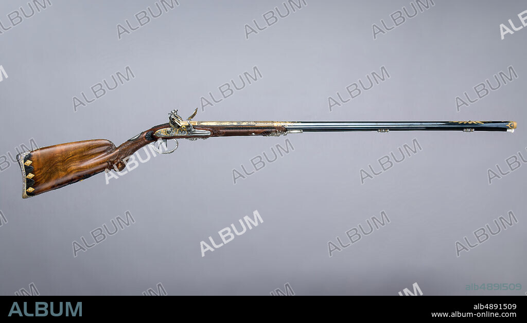 Nicolas Noël Boutet, Double-Barreled Flintlock Shotgun, French, Versailles, dated 1801, Versailles, French, Versailles, Steel, wood (walnut, ebony), gold, silver, L. 48 3/8 in. (122.9 cm); L. of barrel 33 in. (83.8 cm); Cal.60 in. (15.2 mm); Wt. 7 lb. 6 oz. (3350 g), Firearms.