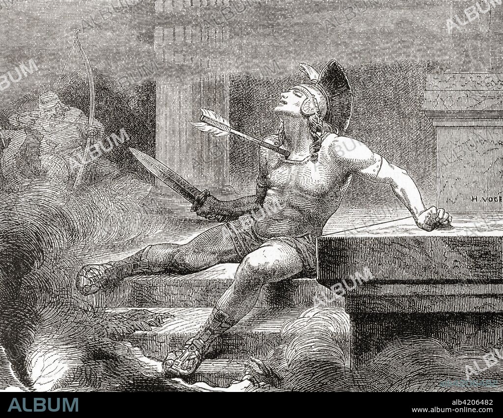 The death of Alcibiades at the hands of Lysander and the Spartans.  Alcibiades, son of Cleinias, c. 450-404 BC.  Prominent Athenian statesman, orator and general. From Ward and Lock's Illustrated History of the World, published c.1882.