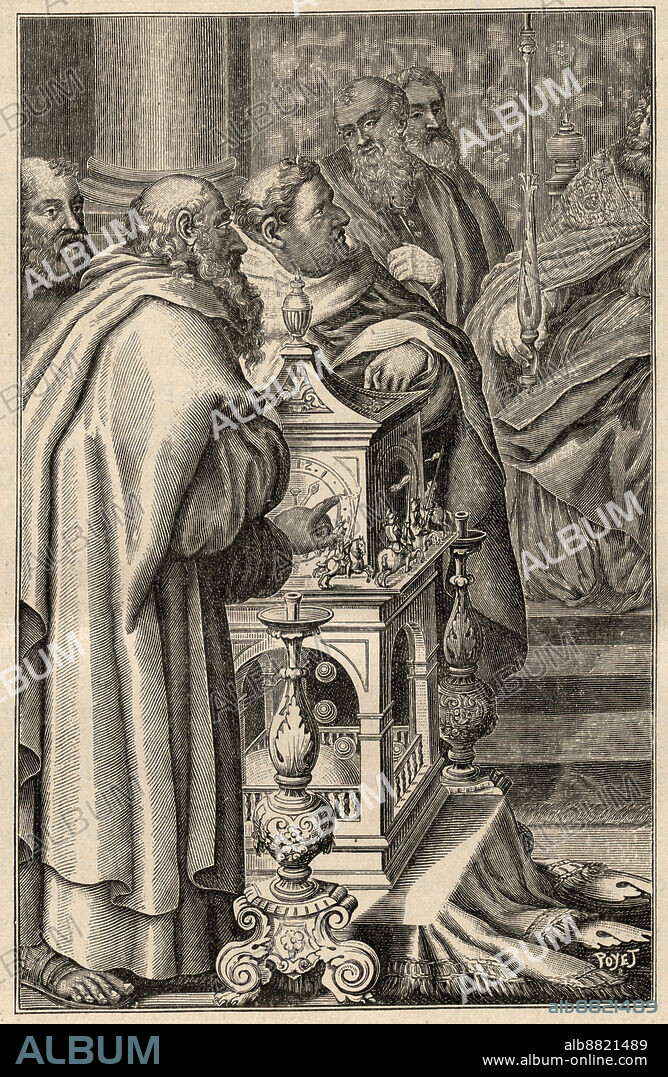 UNKNOWN ARTIST (19TH CENTURY). Charlemagne receiving the gift of a clepsydra (water clock) from Harun al-Rashid - In 797 the caliph of Baghdad, Haroun ar-Rachid (765-809) offers Charlemagne a clepsydra (water clock, time measurement) emblematic of the technological know-how of Arab civilization -.