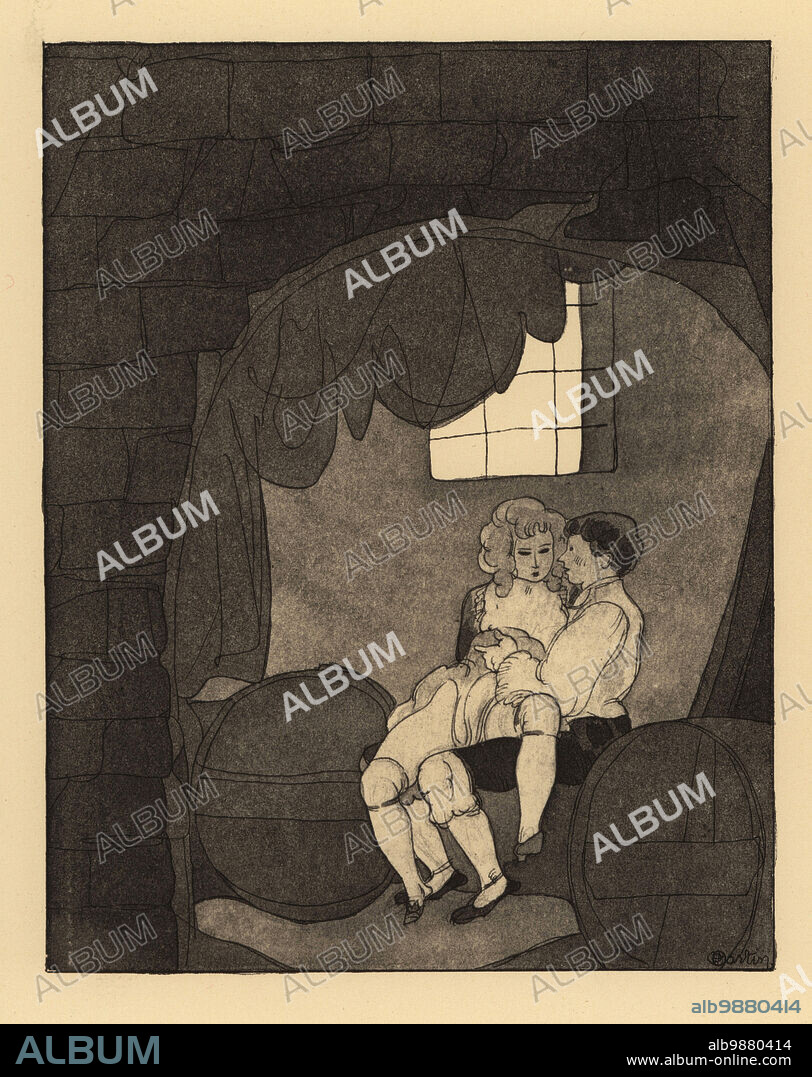Man and woman flirting in a cellar surrounded by barrels. Clidamonts wife and maid Alice swap places for an affair. The quid pro quo, or the Mistakes. Les quidproquo. Lithograph after an illustration by Charles Martin from Jean de la Fontaines Contes et Nouvelles en Vers, Tales and Novellas in Verse, Libraire de France, Paris, 1930.