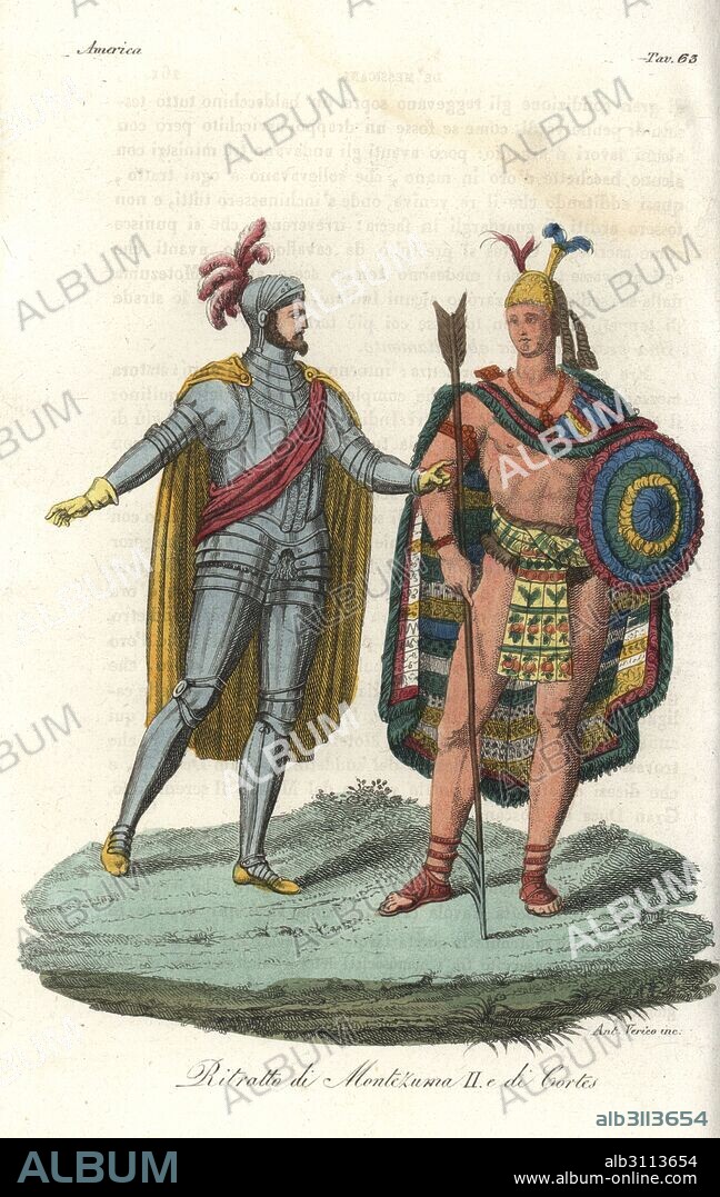 Portrait of Moctezuma II and Hernan Cortes. Cortes in a suit of plate armor with cloak and sash, Moctezuma in Maxtlat belt and Tilmatli cloak with helmet, shield and spear. Handcoloured copperplate engraving by Ant. Verico from Giulio Ferrario's Ancient and Modern Costumes of all the Peoples of the World, Florence, Italy, 1843.